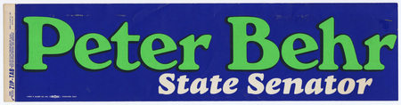 Rectangular, blue bumper sticker with green and white text reading "Peter Behr State Senator"