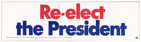Rectangular, white bumper sticker with red and blue text reading "Re-elect the President"