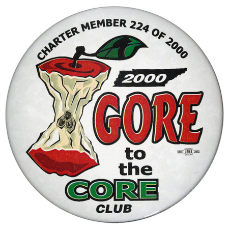 Round, white button with a color illustration of a red apple eaten to the core. Black, red, and green text reads "CHARTER MEMBER 224 of 2000 2000 GORE to the CORE CLUB"