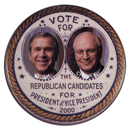 Round, white button bordered by a brown illustration of rope. In the center are color photographs of George W. Bush and Dick Cheney. Black text reads "VOTE FOR THE REPUBLICAN CANDIDATES FOR PRESIDENT AND VICE PRESIDENT 2000 BUSH CHENEY"