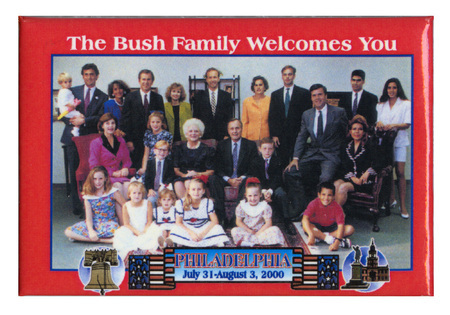 Rectangular button with a red border and a color photograph of the extended Bush family. White and blue text reads "The Bush Family Welcomes You PHILADELPHIA July 21-August 3, 2000"