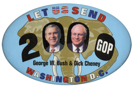 Round, blue button with a color illustration of an elephant's head. Red, white, blue, and black text reads "LET US SEND 2000 George W. Bush & Dick Cheney WASHINGTON D. C." In the first two zeros of "2000" are color photographs of George W. Bush and Dick Cheney, and in the third zero is white text reading "GOP". 