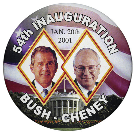 Round button with layered color photographs of George W. Bush, Dick Cheney, the White House, and a US flag. White and black text reads "54th INAUGURATION JAN. 20th 2001 BUSH-CHENEY"
