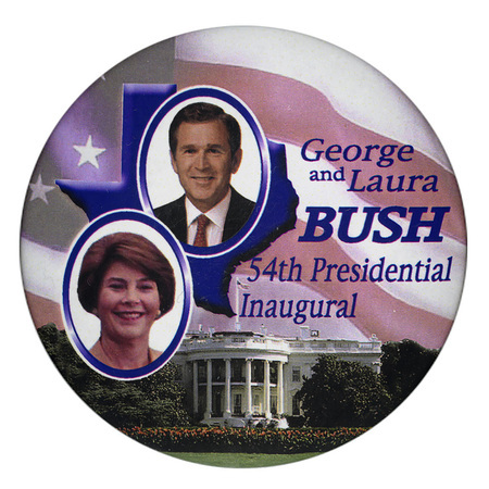 Round button with color photographs of George W. Bush and Laura Bush against a blue outline of the state of Texas and color photographs of the White House and a US flag. Blue text reads "George and Laura Bush 54th Presidential Inaugural"