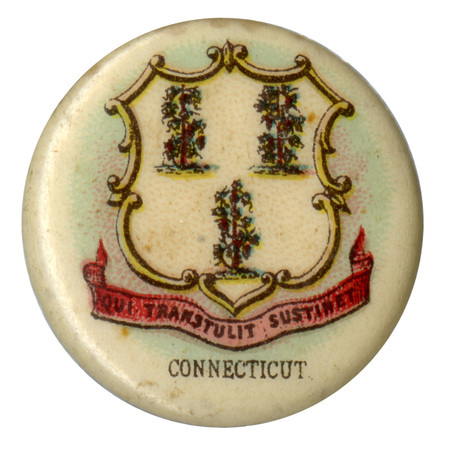 Round, off white button with the state seal of Connecticut, three grapevines and a red ribbon with black text reading "QUI TRANSTULIT SUSTINET", Latin for "He who transplanted sustains". Black text under the seal design reads "CONNECTICUT".