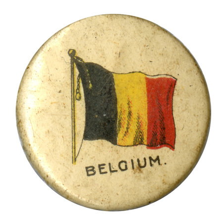 Round, white button with a color illustration of the flag of Belgium, vertically split into black, yellow, and red thirds. Black text reads "BELGIUM"