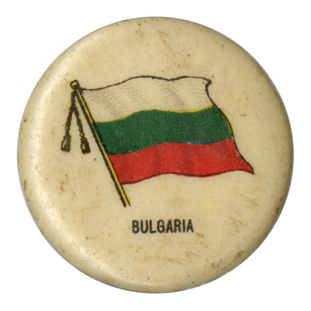 Round, white button with a color illustration of the flag of Bulgaria, horizontally split into white, green, and red thirds. Black text reads "BULGARIA"