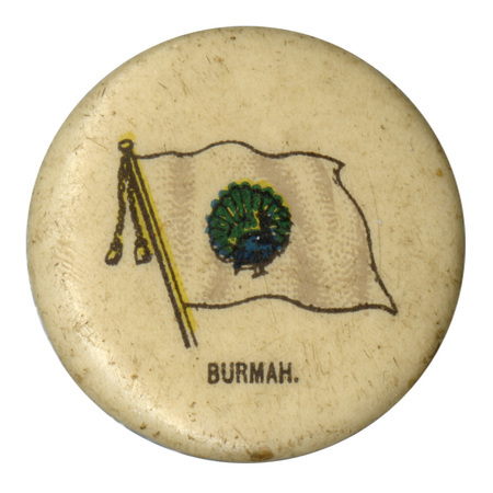Round, white button with a color illustration of the flag of Burma during the 19th century, a stylized peacock on a white background. Black text reads "BURMAH."