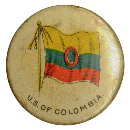 Round, white button with a color illustration of the United States of Colombia flag, horizontally split into yellow, blue, and red thirds with nested red and blue circles in the center. Black text reads "U.S. OF COLOMBIA"