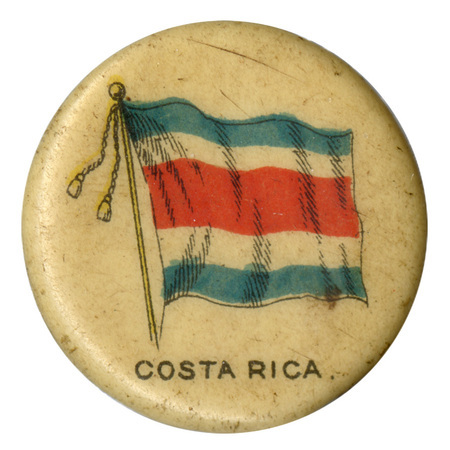 Round, white button with a color illustration of the flag of Costa Rica, horizontal bands of blue, white, and red. Black text at the bottom reads "COSTA RICA."