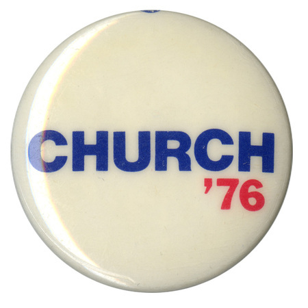 Round, white button with blue and red text reading "CHURCH '76"
