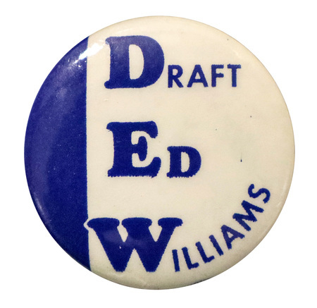 Round white button with a vertical blue band along the left side. Blue text reads "DRAFT ED WILLIAMS"