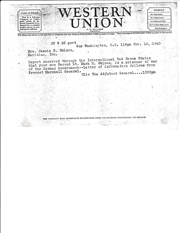 Scan of telegram informing Mark's family he was taken as POW