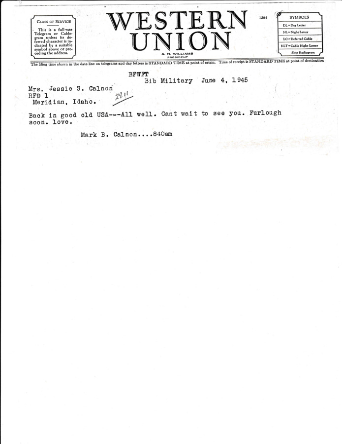 Scan of telegram informing Mark's family he was in USA.