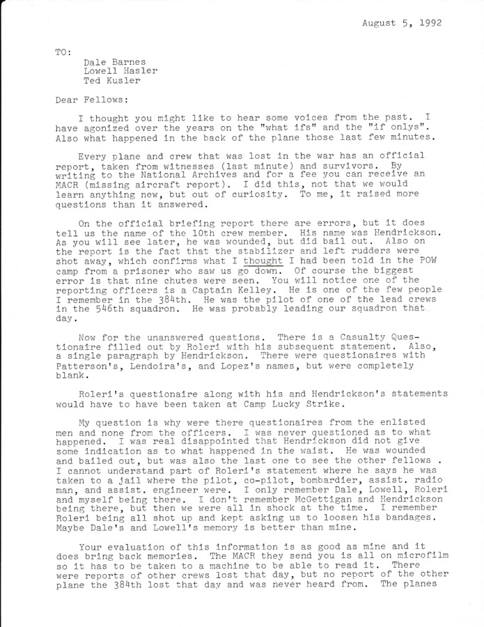 Letter to surviving crew with reports.