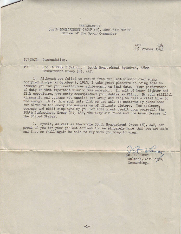 Scan of commendation letter to Mark Calnon from War Dept