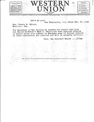 Scan of telegram informing Mark's family he was missing.