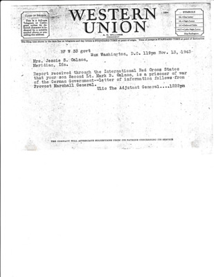 Scan of telegram informing Mark's family he was taken as POW