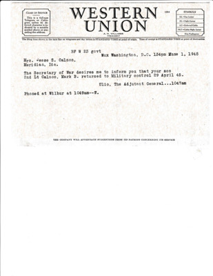 Scan of telegram informing Mark's family he returned to duty.