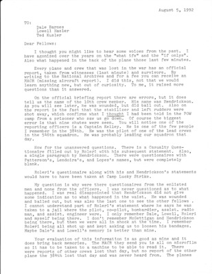 Letter to surviving crew with reports.