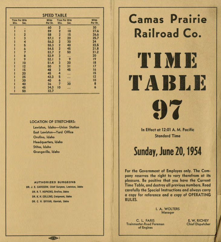 Camas Prairie Railroad Co. Time Table 97 In Effect at 12:01 A. M. Pacific Standard Time Sunday, June 20, 1954.  For the Government of Employees only. The Company reserves the right to cary therefrom at its pleasure. Be positive that you have the Current Time Table, and destroy all previous numbers. Read carefully the Special Instructions and always carry a copy for reference and a copy of OPERATING RULES. I. A. Wolters Manager, C. L. Faris Trainmaster-Road Foreman of Engines, E. W. Richey Chief Dispatcher. 8 pages.