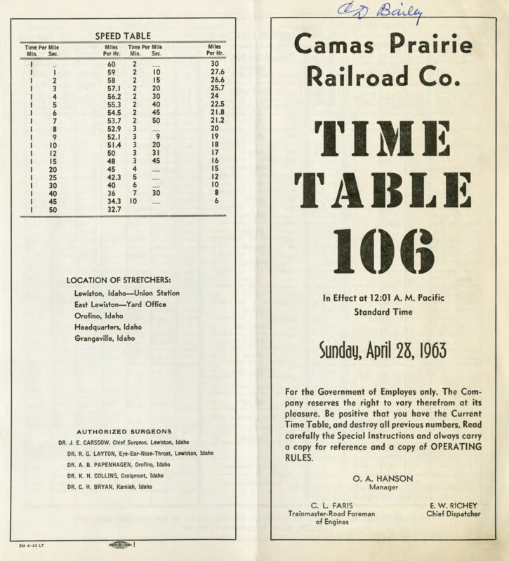 Camas Prairie Railroad Co. Time Table 106 In Effect at 12:01 A.M. Pacific Standard Time Sunday, April 28, 1963. For the Government of Employees only. The Company reseves the right to vary therefrom at its pleasure. Be positive that you have the Current Time Table, and destroy all previous numbers. Read carefully the Special Instructions and always carry a copy for reference and a copy of OPERATING RULES. O. A. Hanson Manager, C. L. Faris Trainmaster-Road Foreman of Engines, E. W. Richey Chief Dispatcher. 8 pages.