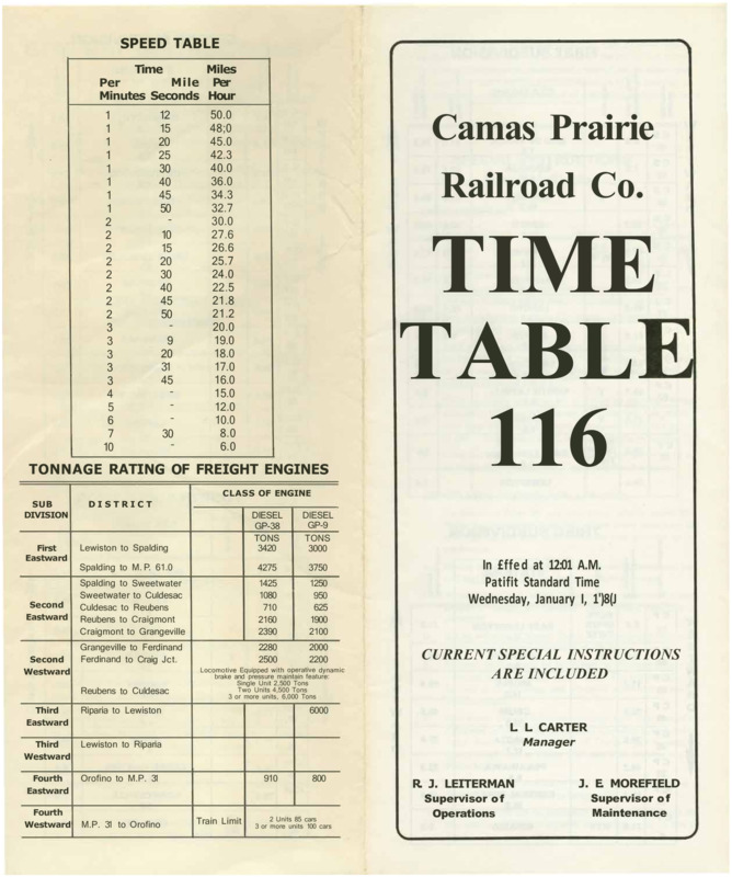 Camas Prairie Railroad Co. Time Table 116 In Effect at 12:01 A.M. Pacific Standard Time Wednesday, January I, 1986. Current special instructions are included L. L. Carter Manager, R. J. Leiterman Supervisor of Operations, J. E. Morefield Supervisor of Maintenance. 8 pages.