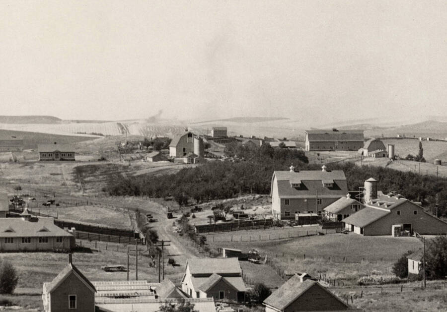 1939 panoramic photograph of University farms. Greenhouses are visible in the foreground. [PG1_001-01]
