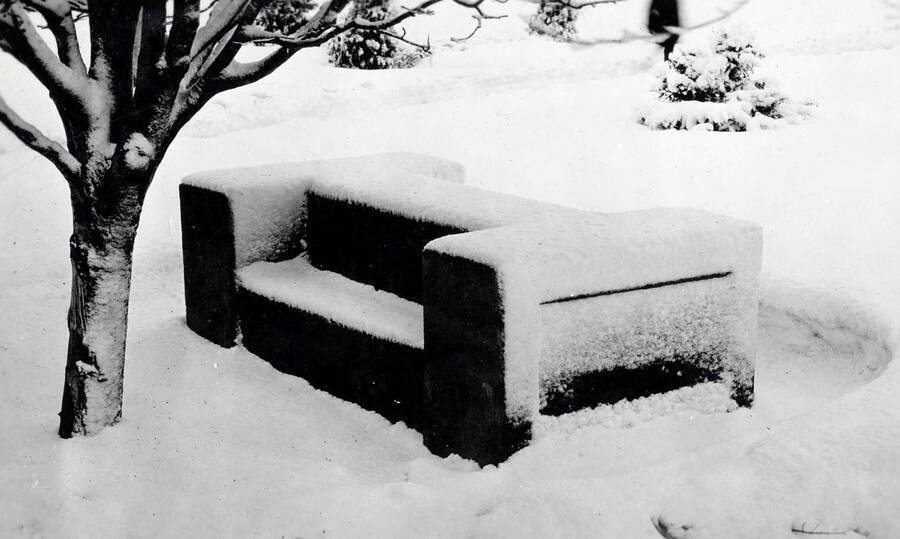 1950 photograph of the I Bench. The bench is covered in snow. [PG1_101-02]