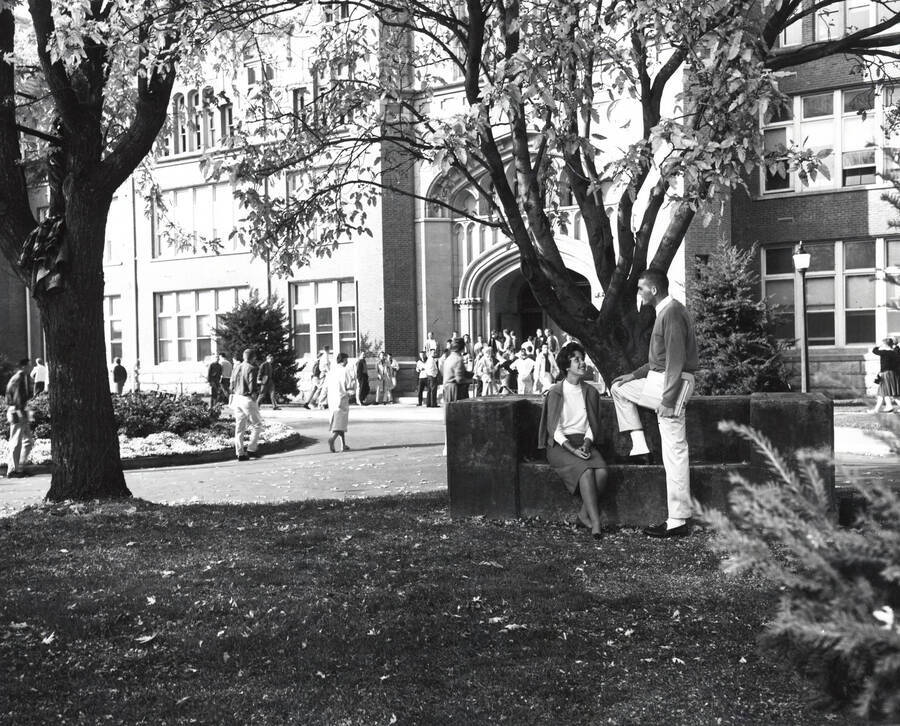 1961 photograph of the I Bench. Students on bench and in background next to Administration Building. [PG1_101-03]