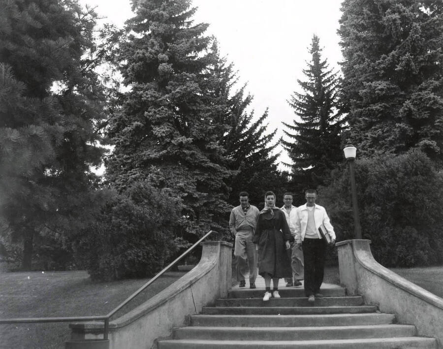 1960 photograph of the Hello Walk steps. Students on steps and trees in background. [PG1_102-11]