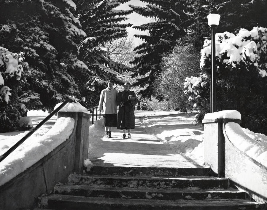 1946 photograph of the Hello Walk steps. Two students approach the steps on a snowy day. Donor: Publications Dept.. [PG1_102-12]