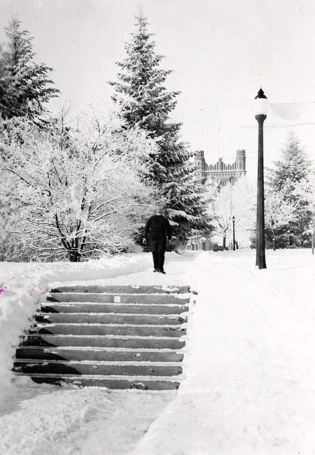 Hello Walk steps, University of Idaho. Winter scene. [102-14]