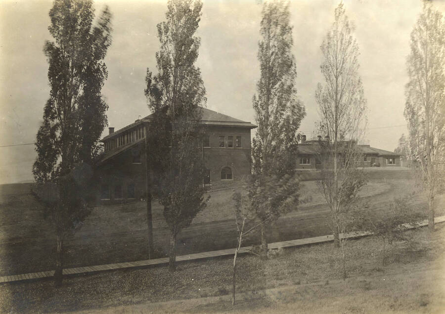 1915 photograph of the Mines Building. Trees and wood plank walkway in foreground. Donor: Don R. Besse. [PG1_107-11]