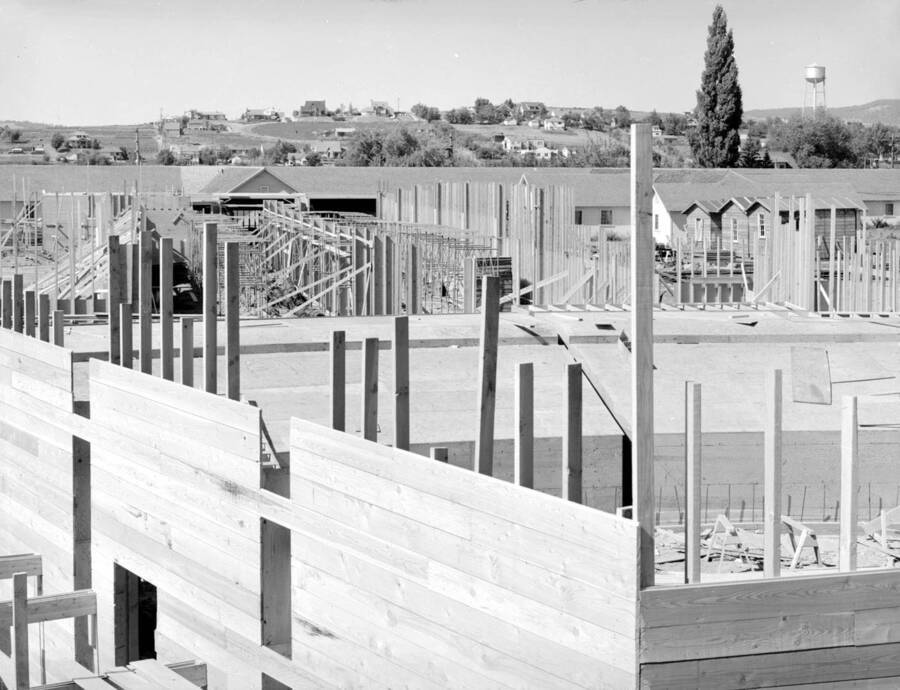 July 10, 1949 photograph of the Agricultural Science Building under construction. Water tower in background. [PG1_111-16a]