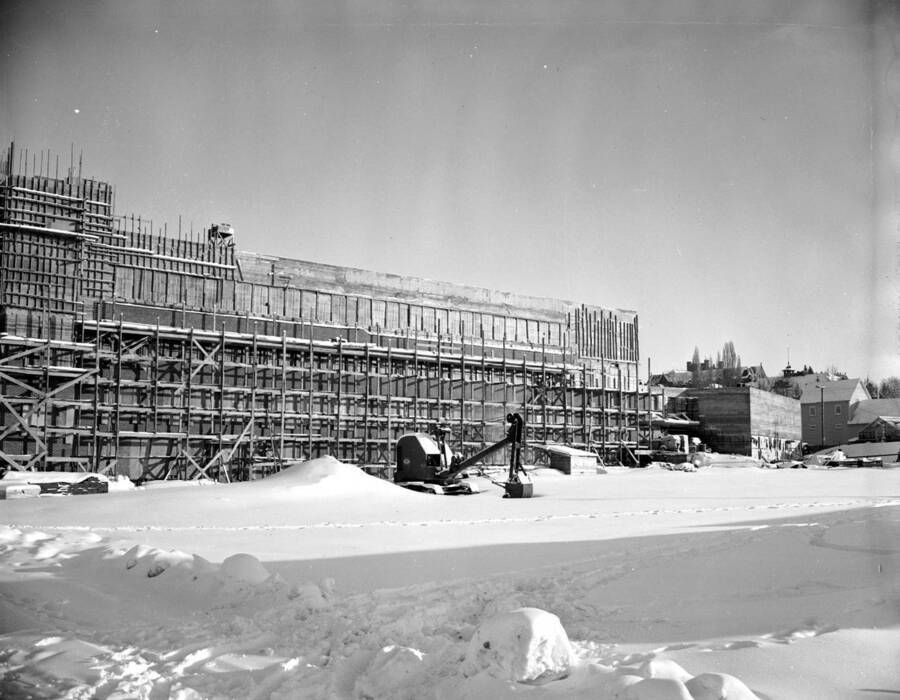 January 28, 1950 photograph of the Agricultural Science Building under construction. Show covers the scene. [PG1_111-21a]