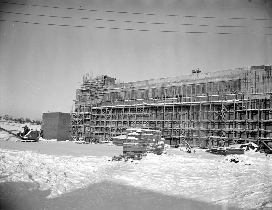 January 28, 1950 photograph of the Agricultural Science Building under construction. Show covers the scene. [PG1_111-21b]