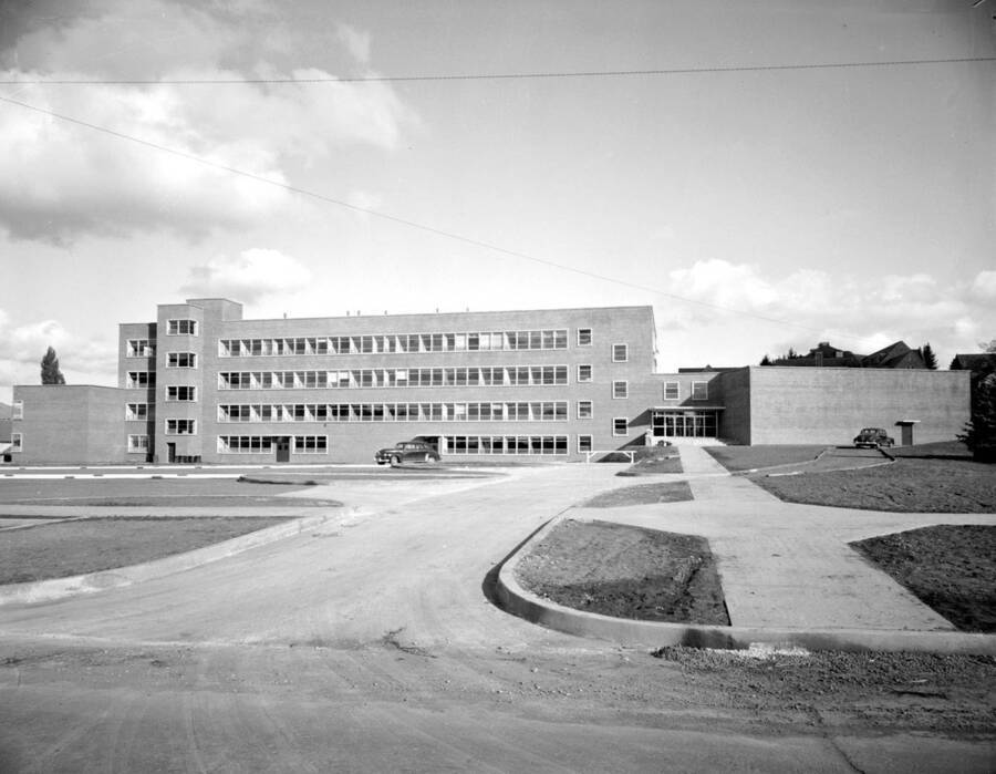 November 1, 1950 photograph of the Agricultural Science Building. Automobile in foreground. [PG1_111-25]