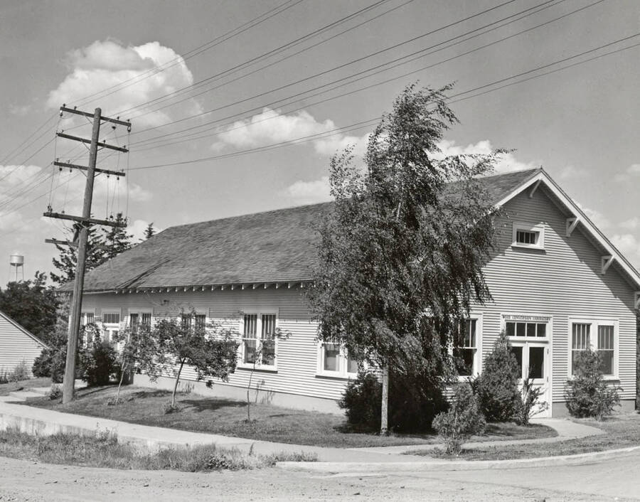 1943 photograph of the Wood Conversion Laboratory. Water tower in the background. [PG1_115-01]