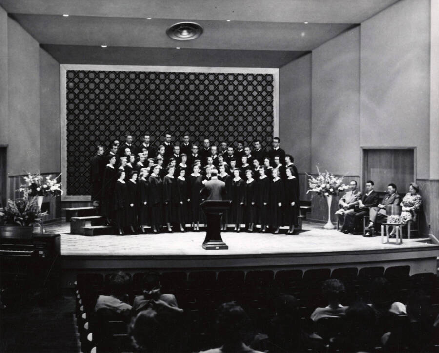 1952 photograph of a choral concert in the Music Building. Donor: Publications Dept.. [PG1_117-11]