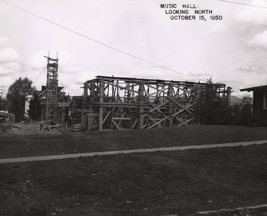 October 15, 1950 photograph of the Music Building under construction. [PG1_117-18b]