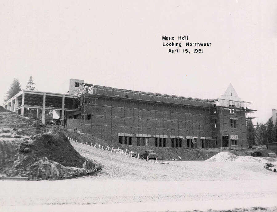 March 15, 1951 photograph of the Music Building under construction. [PG1_117-24b]