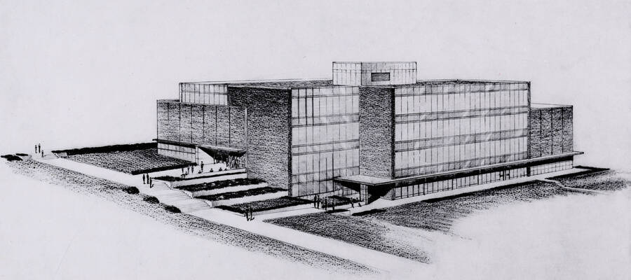 1956 illustration of the Library. Architect's rendering. Donor: Publications Dept. [PG1_122-076a]