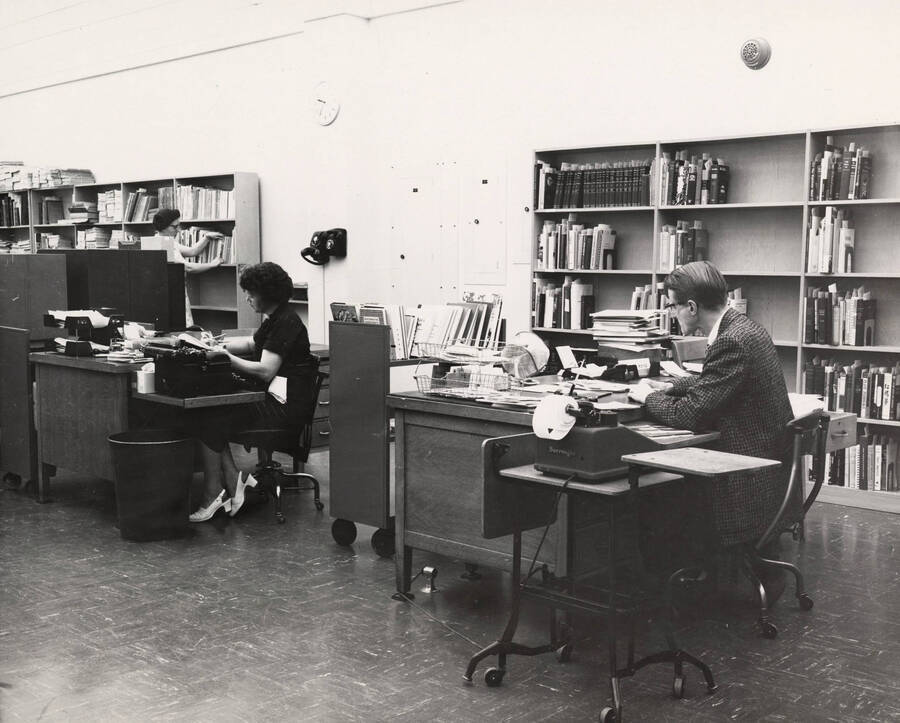 1957 photograph of the Library. Technical services department. [PG1_122-012]
