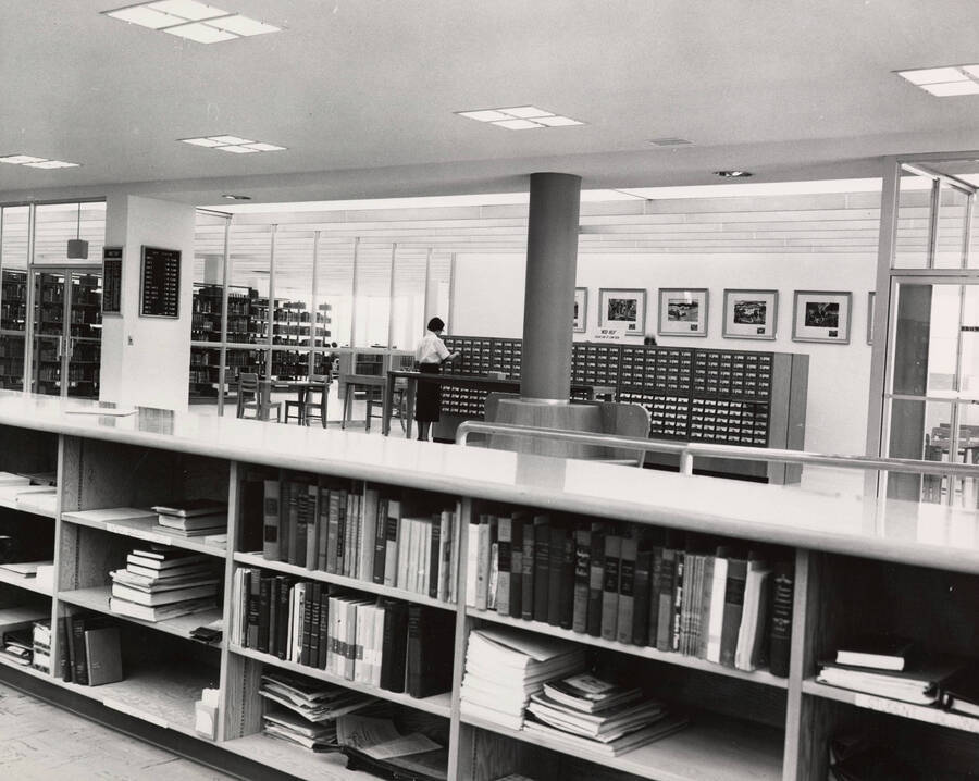 1957 photograph of the Library. Card catalog in background. [PG1_122-018]