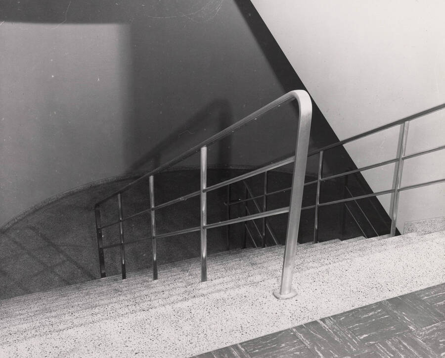 1957 photograph of the Library. Stairwell with center handrail. [PG1_122-026]