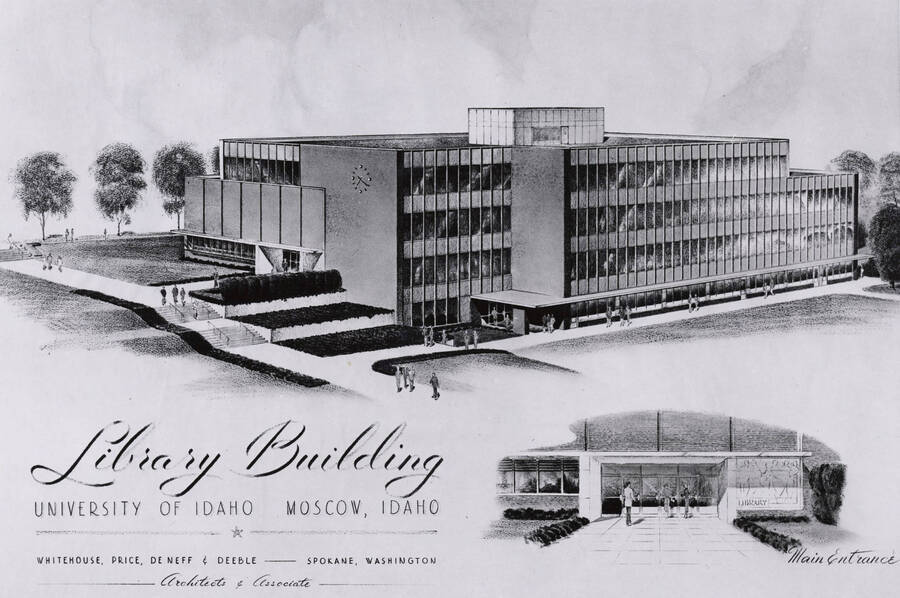 1957 illustration of the Library. Architect's rendering. Donor: Publications Dept. [PG1_122-076]