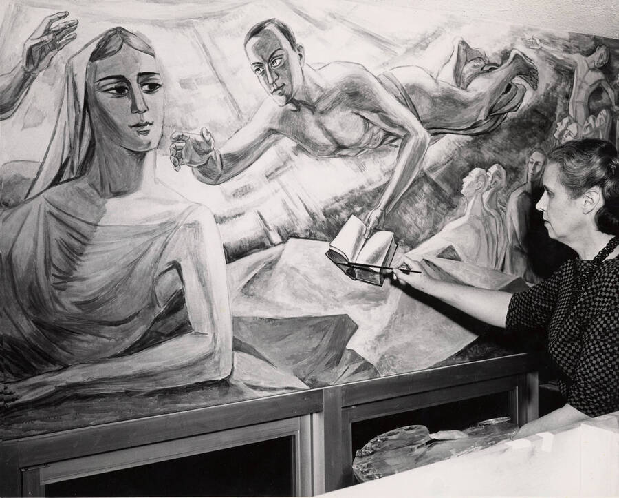 Library, University of Idaho. Mary Kirkwood painting mural 'Truth Awakened by Knowledge and Understanding.' [122-79]