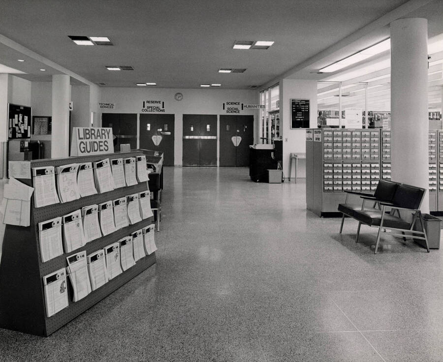 October 1, 1982 photograph of the Library. Library guides to the left, card catalog to the right. [PG1_122-089]