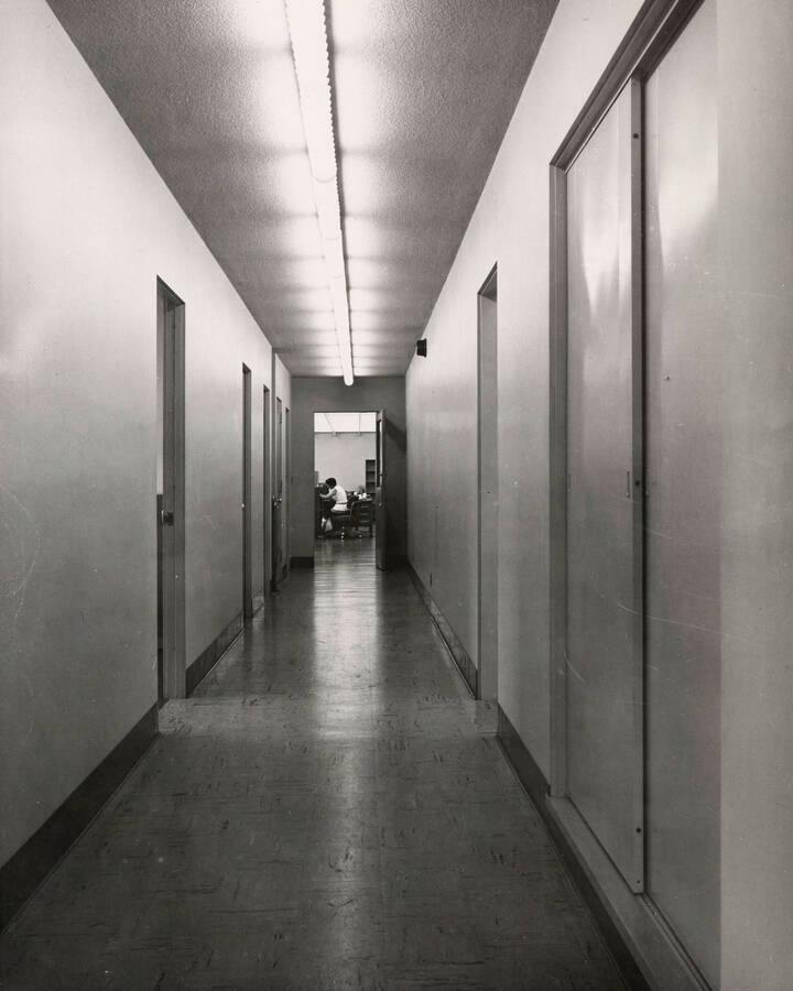 1957 photograph of the Library. Corridor of offices. [PG1_122-009]